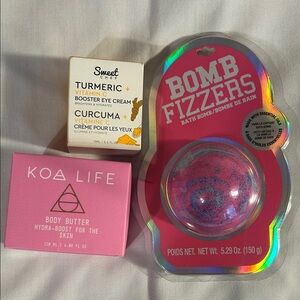 Three Piece bath bomb and body butter with eye cream